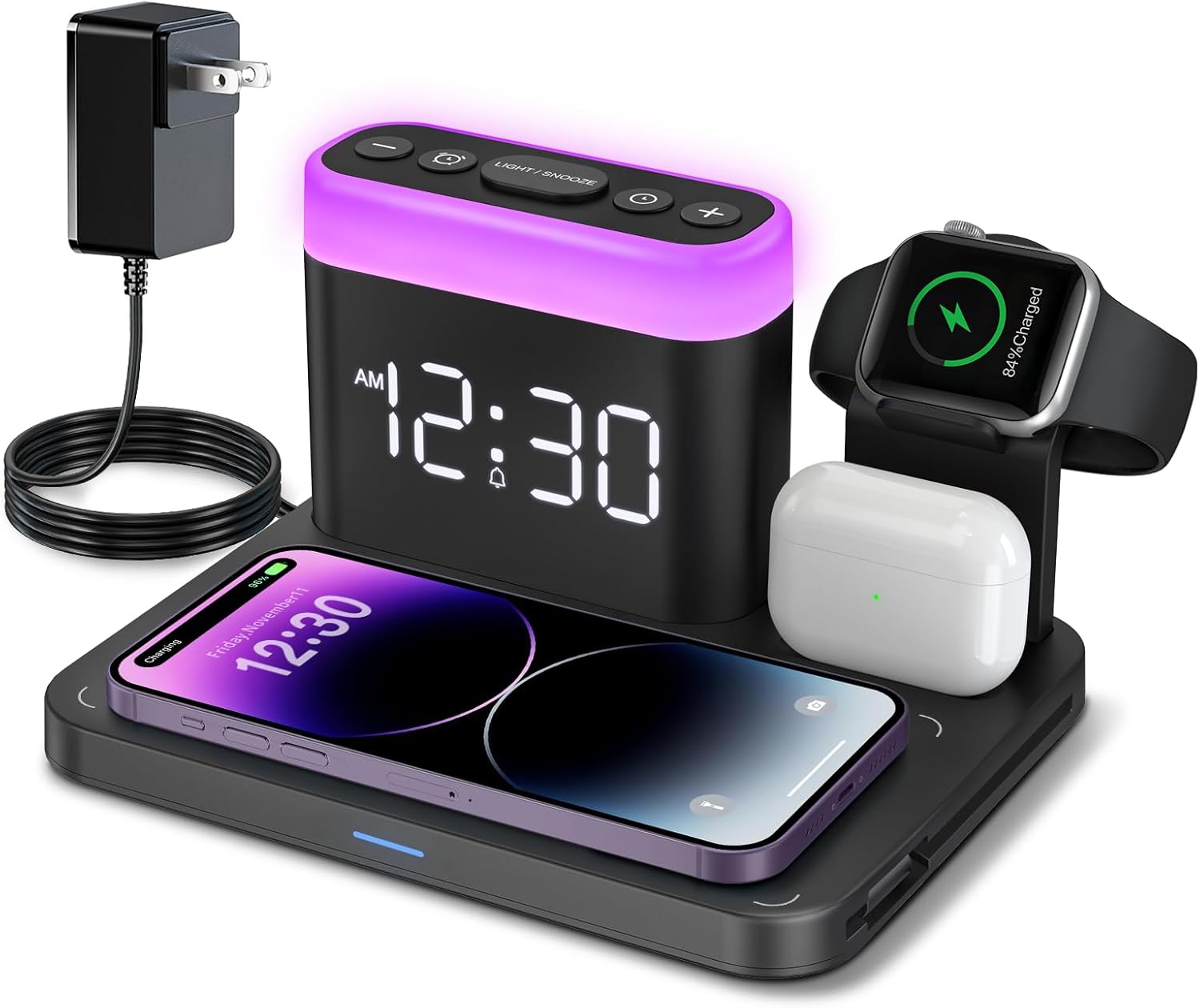 5-in-1 Wireless Charging Station with Alarm Clock & 7-Color Night Light, MagSafe Charger for iPhone, Apple Watch & AirPods