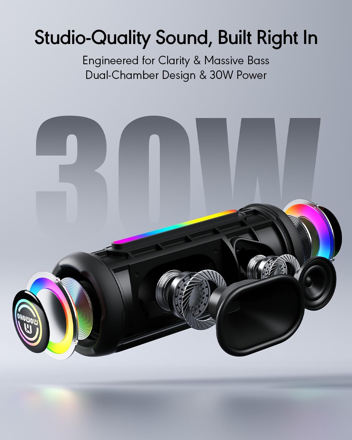 IPX7 Waterproof Bluetooth Speaker with RGB Lights, 30W Deep Bass Stereo Sound