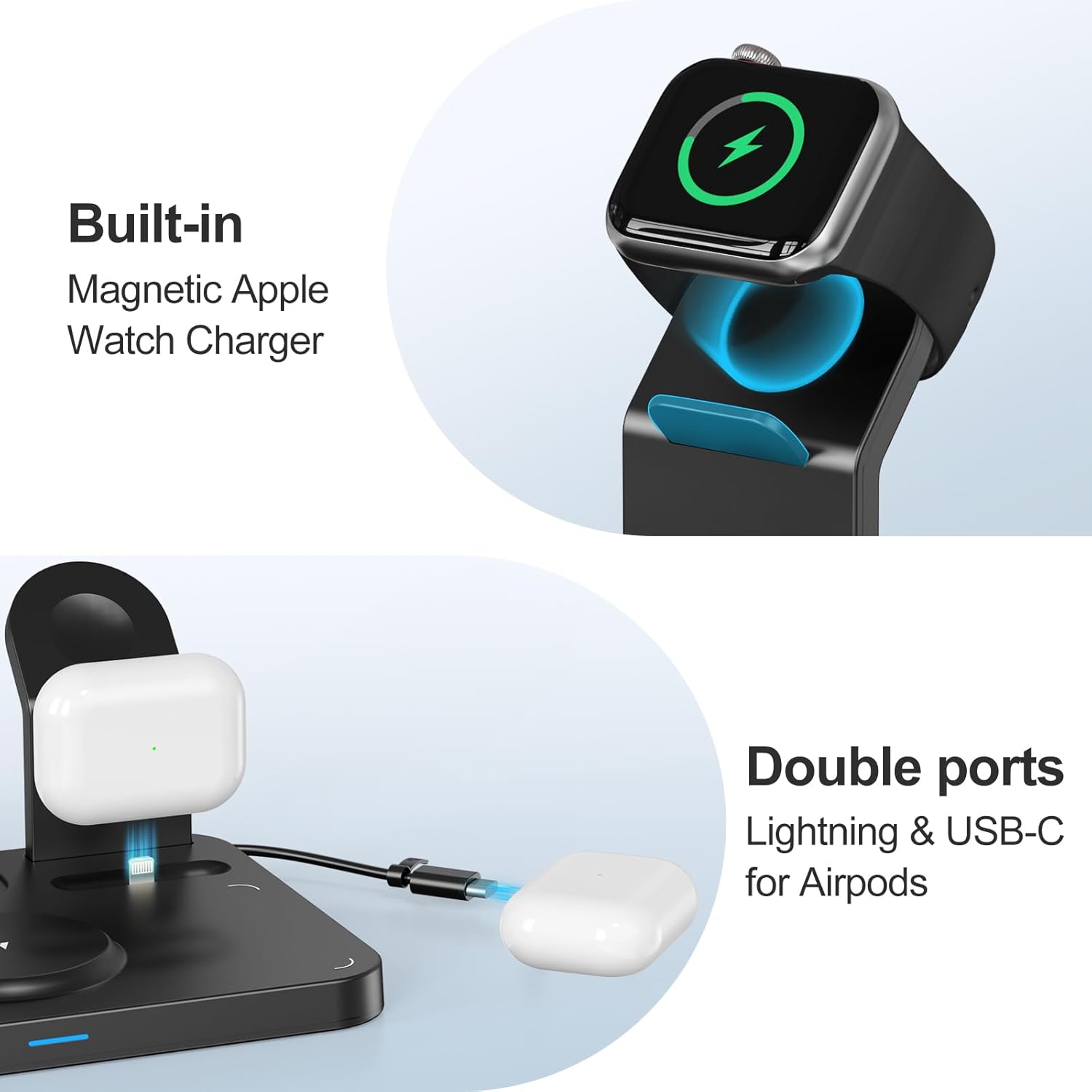 5-in-1 Wireless Charging Station with Alarm Clock & 7-Color Night Light, MagSafe Charger for iPhone, Apple Watch & AirPods