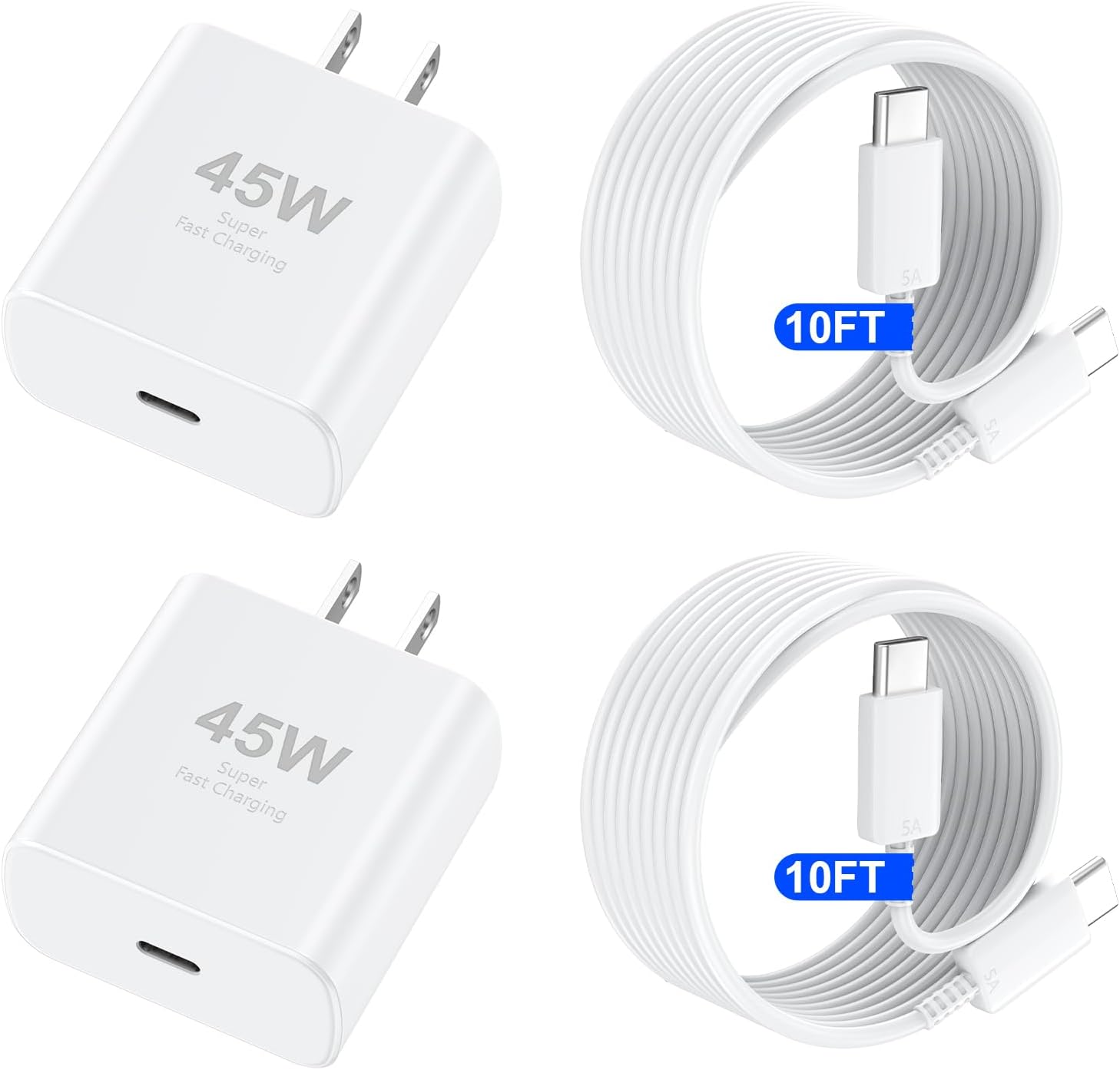 2-Pack 45W USB-C Super Fast Charger Block with 10FT USB-C Cable for iPhone 17/16/15 Series & Samsung Galaxy S25