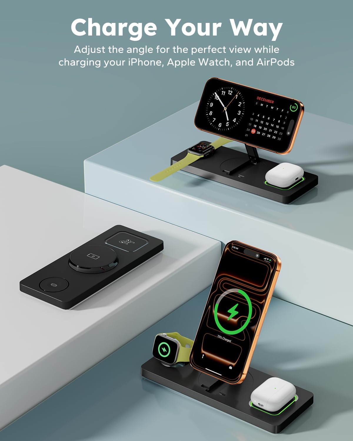 Foldable 3-in-1 MagSafe Charging Station for iPhone, Apple Watch & AirPods