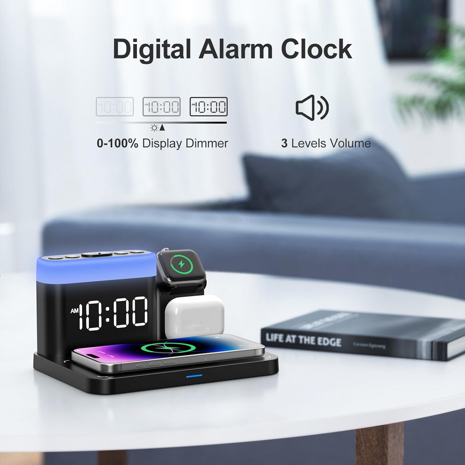 5-in-1 Wireless Charging Station with Alarm Clock & 7-Color Night Light, MagSafe Charger for iPhone, Apple Watch & AirPods