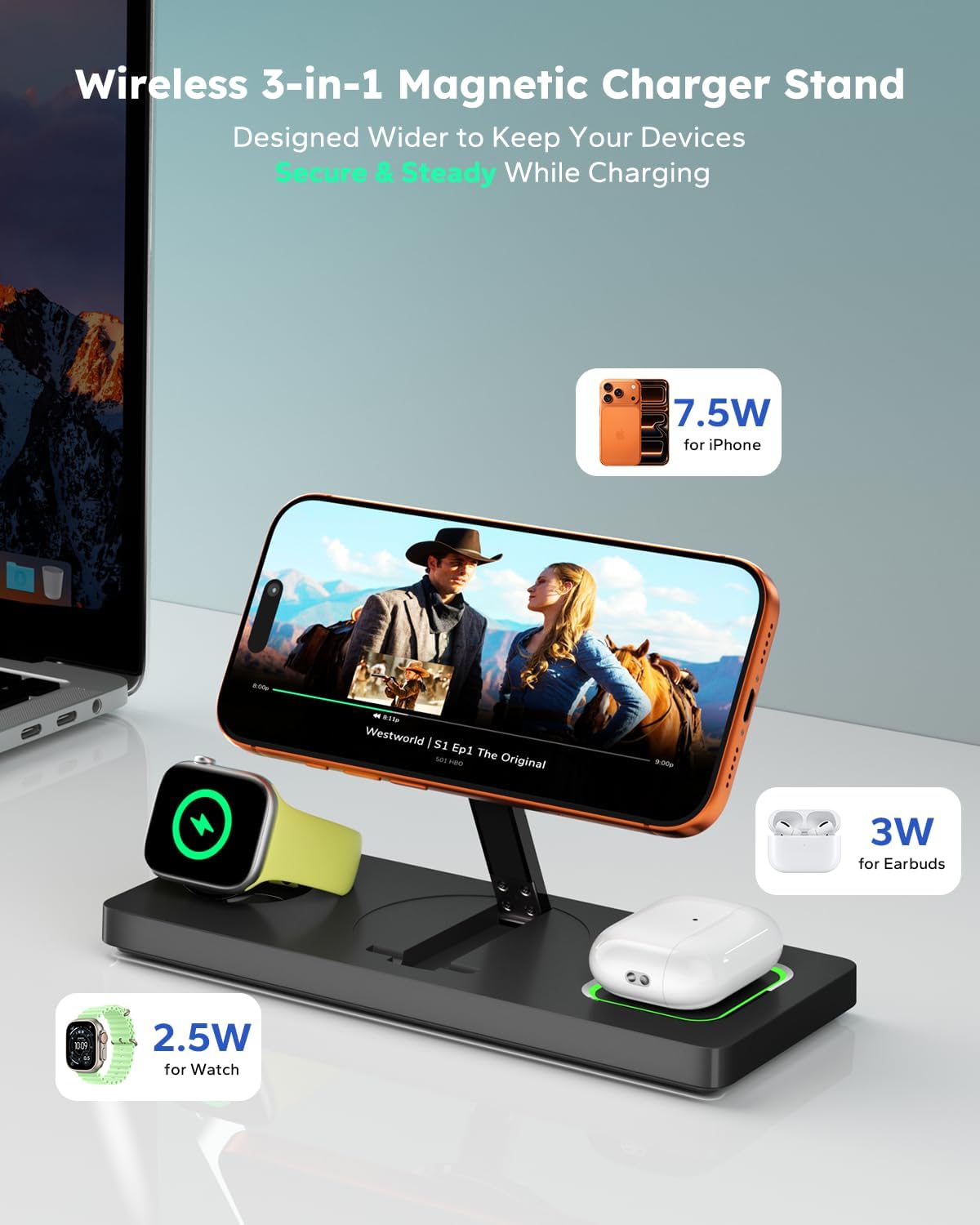 Foldable 3-in-1 MagSafe Charging Station for iPhone, Apple Watch & AirPods