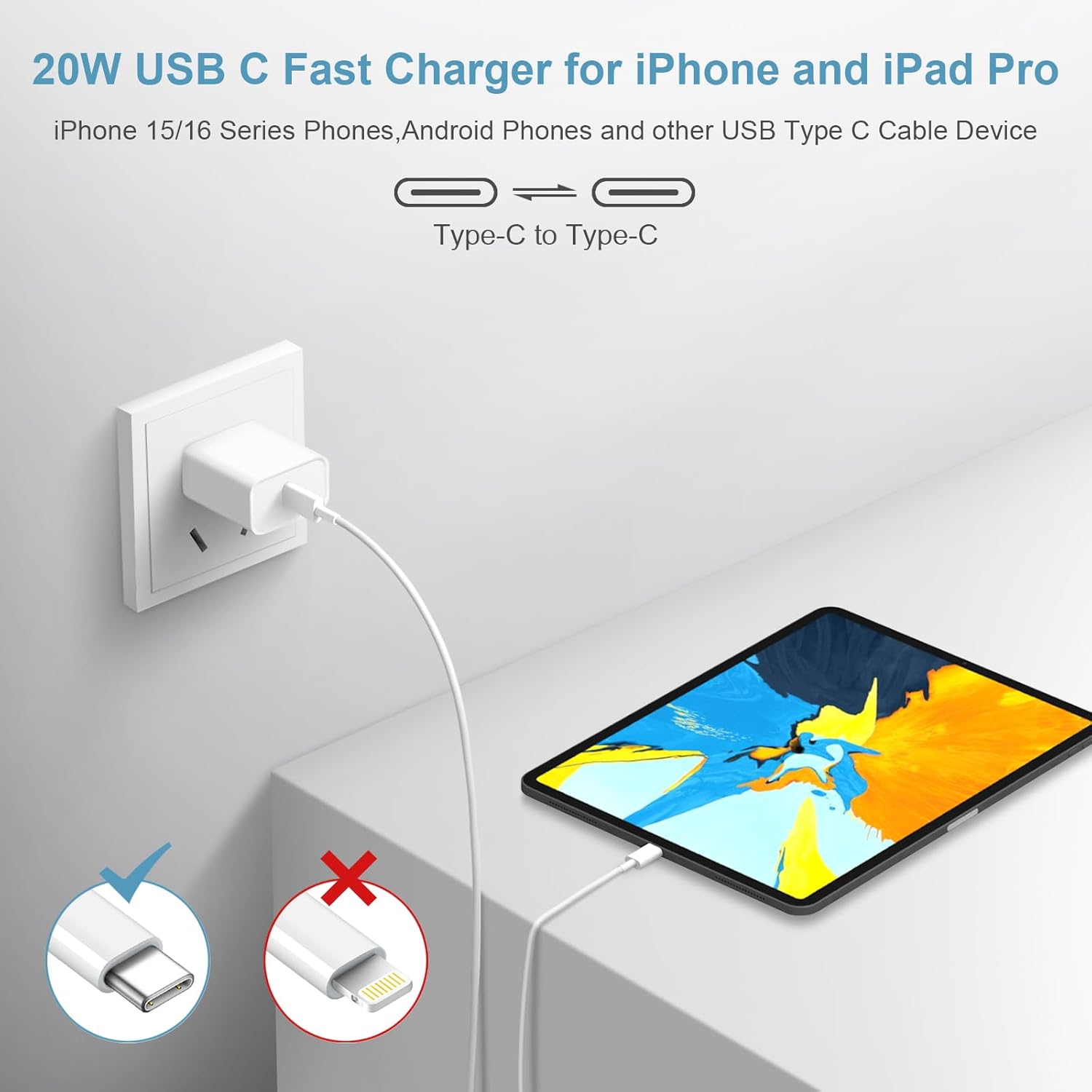 20W USB-C Fast Charger Block with 6FT Cable for iPhone 17/16/15 Series & iPad Pro