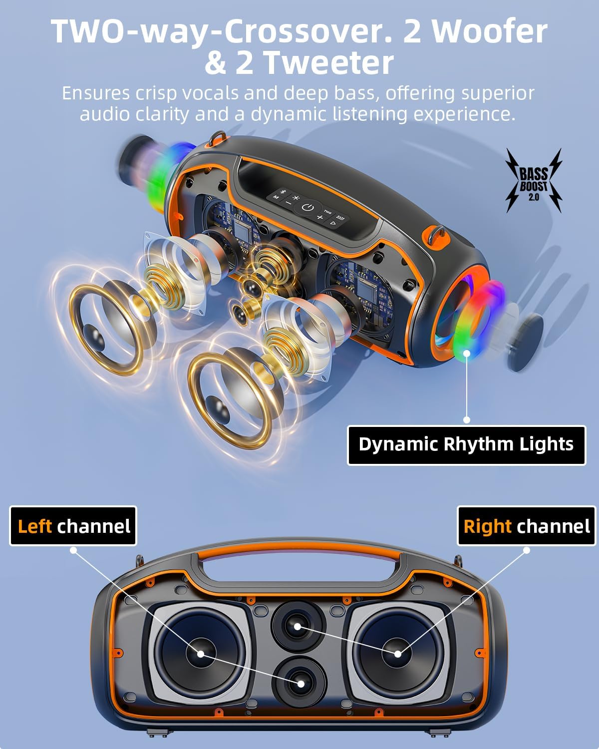 200W MAX Outdoor Bluetooth Speaker with Deep Bass, RGB Lights & IP65 Waterproof