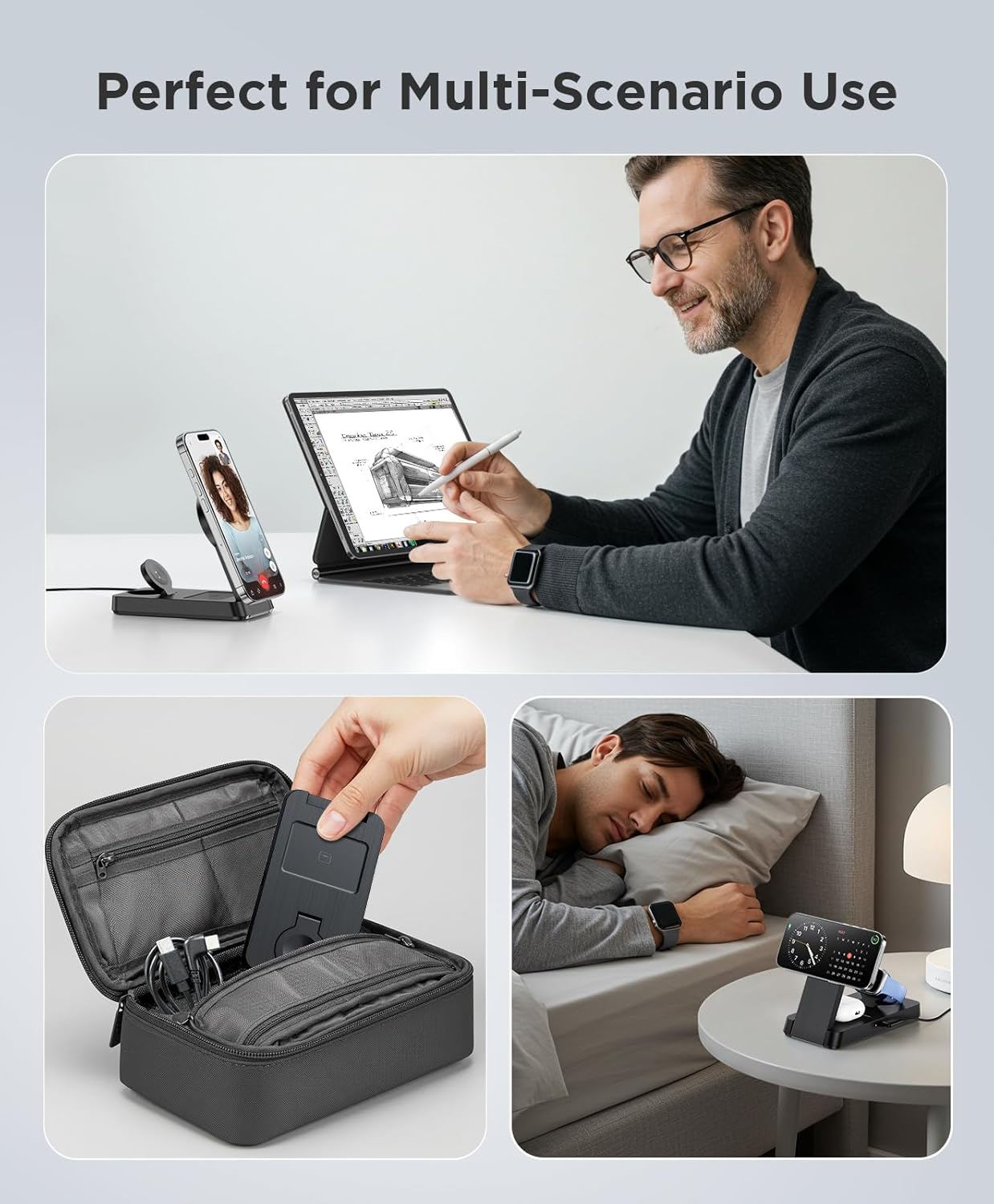 Foldable 3-in-1 Magnetic Wireless Charging Station for iPhone, Apple Watch & AirPods