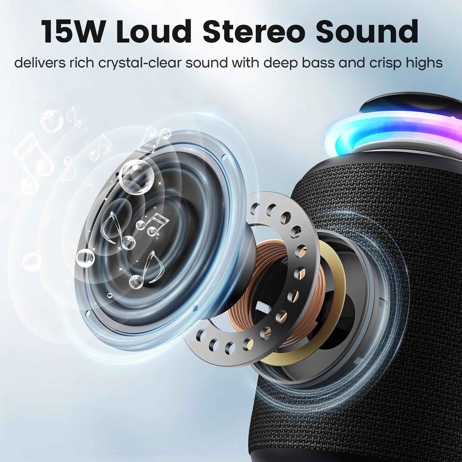IP67 Waterproof Portable Bluetooth Speaker with RGB Lights, 15W Stereo Sound Wireless Speaker, TWS Pairing & 2500mAh Battery for Outdoor, Home, Party & Beach