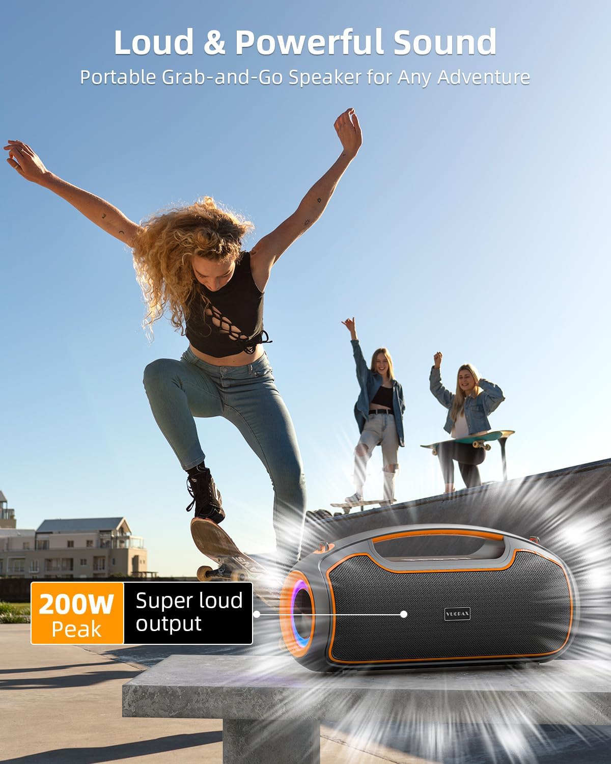 200W MAX Outdoor Bluetooth Speaker with Deep Bass, RGB Lights & IP65 Waterproof