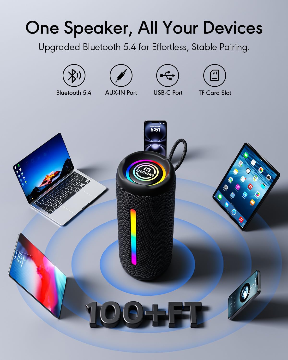 IPX7 Waterproof Bluetooth Speaker with RGB Lights, 30W Deep Bass Stereo Sound