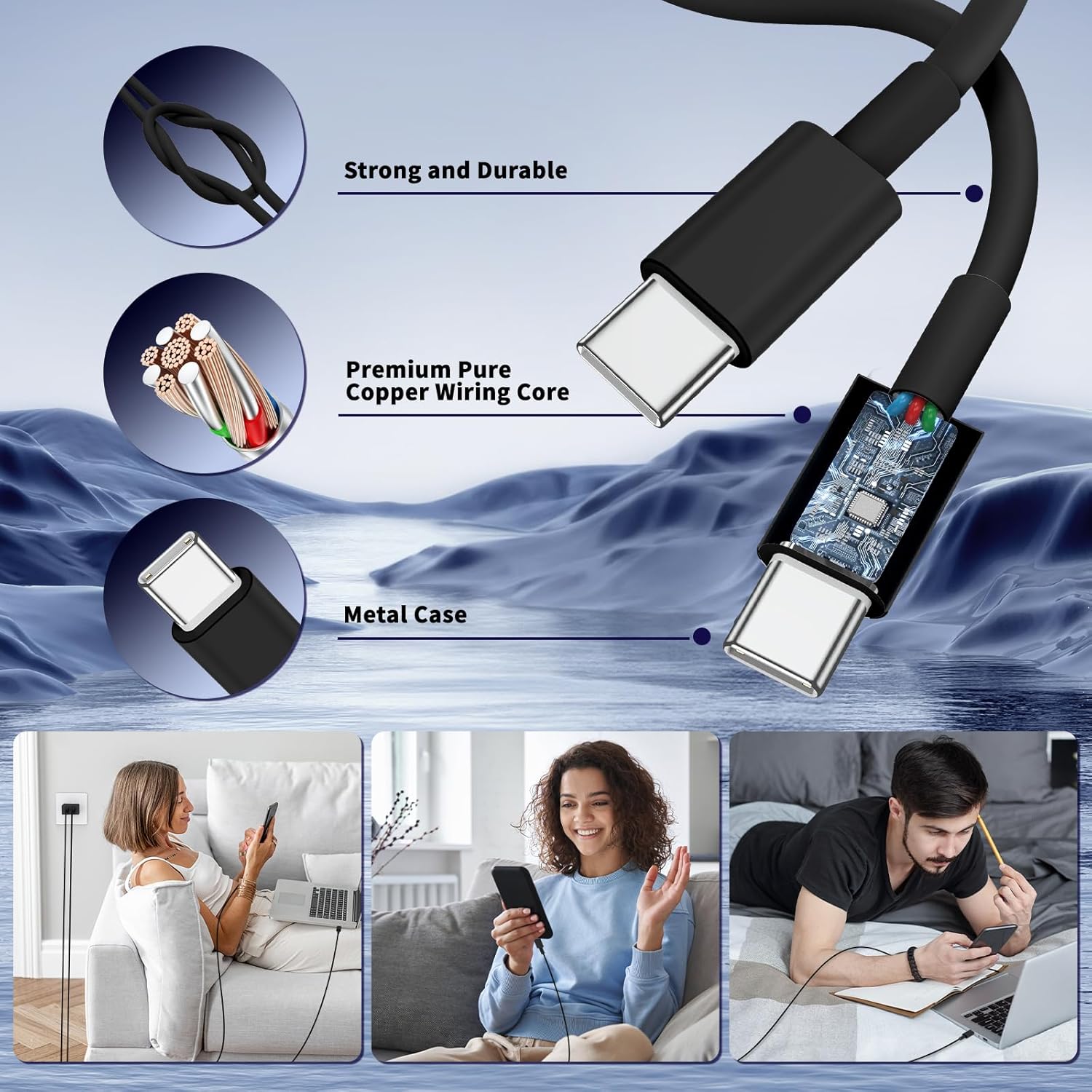 45W Dual Port Type C Charger Block with Long USB C Cable, PD Fast Charger for Samsung iPhone