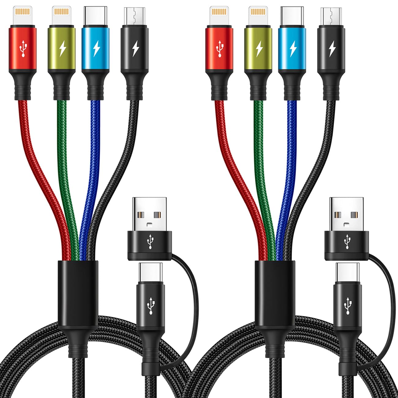 2-Pack 6-in-1 Multi Charging Cable (6ft), Braided USB A/C to Lightning/Type-C/Micro-USB Universal Cord