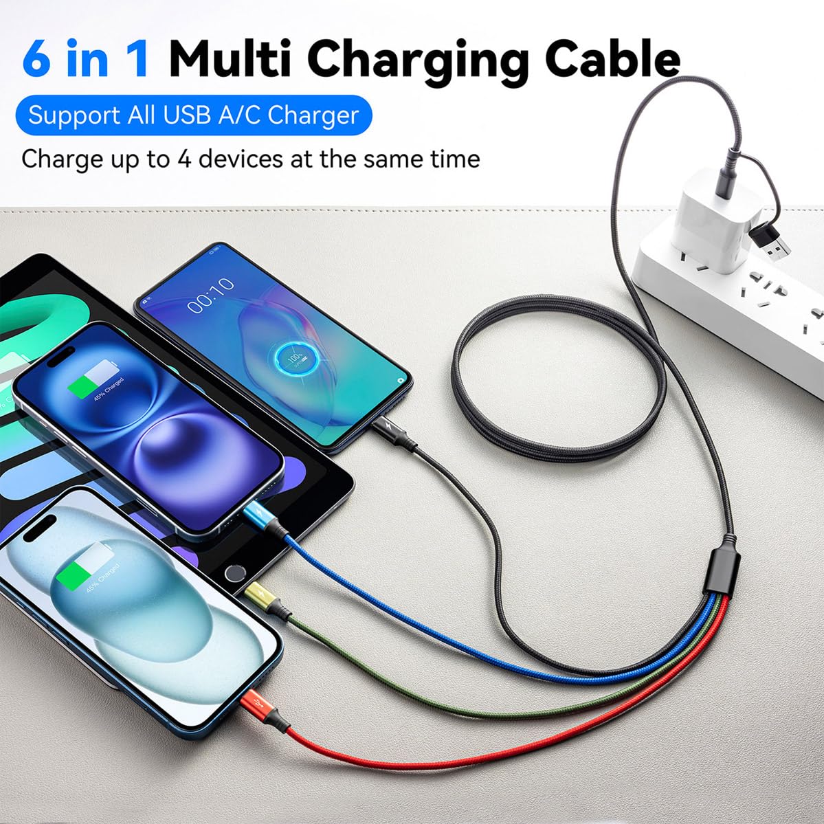 2-Pack 6-in-1 Multi Charging Cable (6ft), Braided USB A/C to Lightning/Type-C/Micro-USB Universal Cord