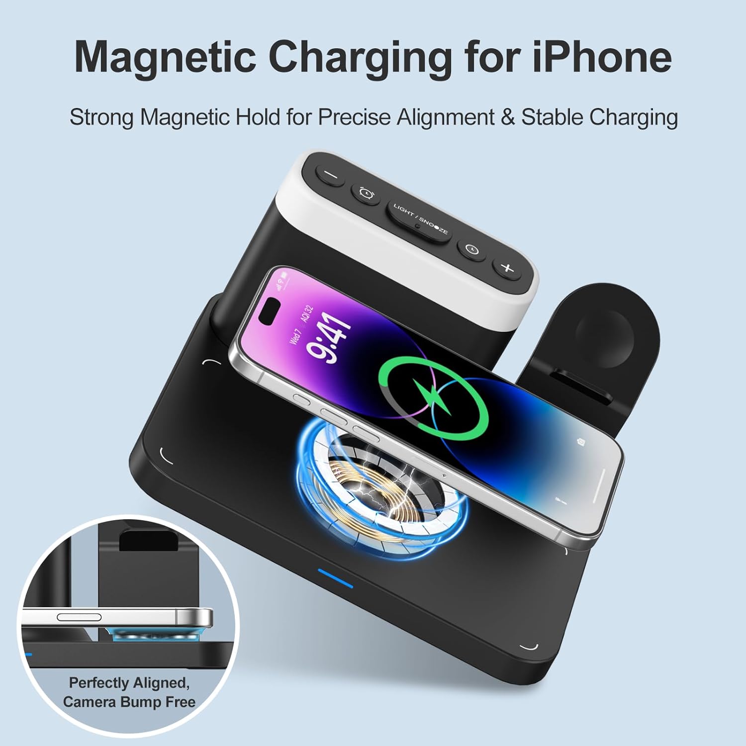 5-in-1 Wireless Charging Station with Alarm Clock & 7-Color Night Light, MagSafe Charger for iPhone, Apple Watch & AirPods