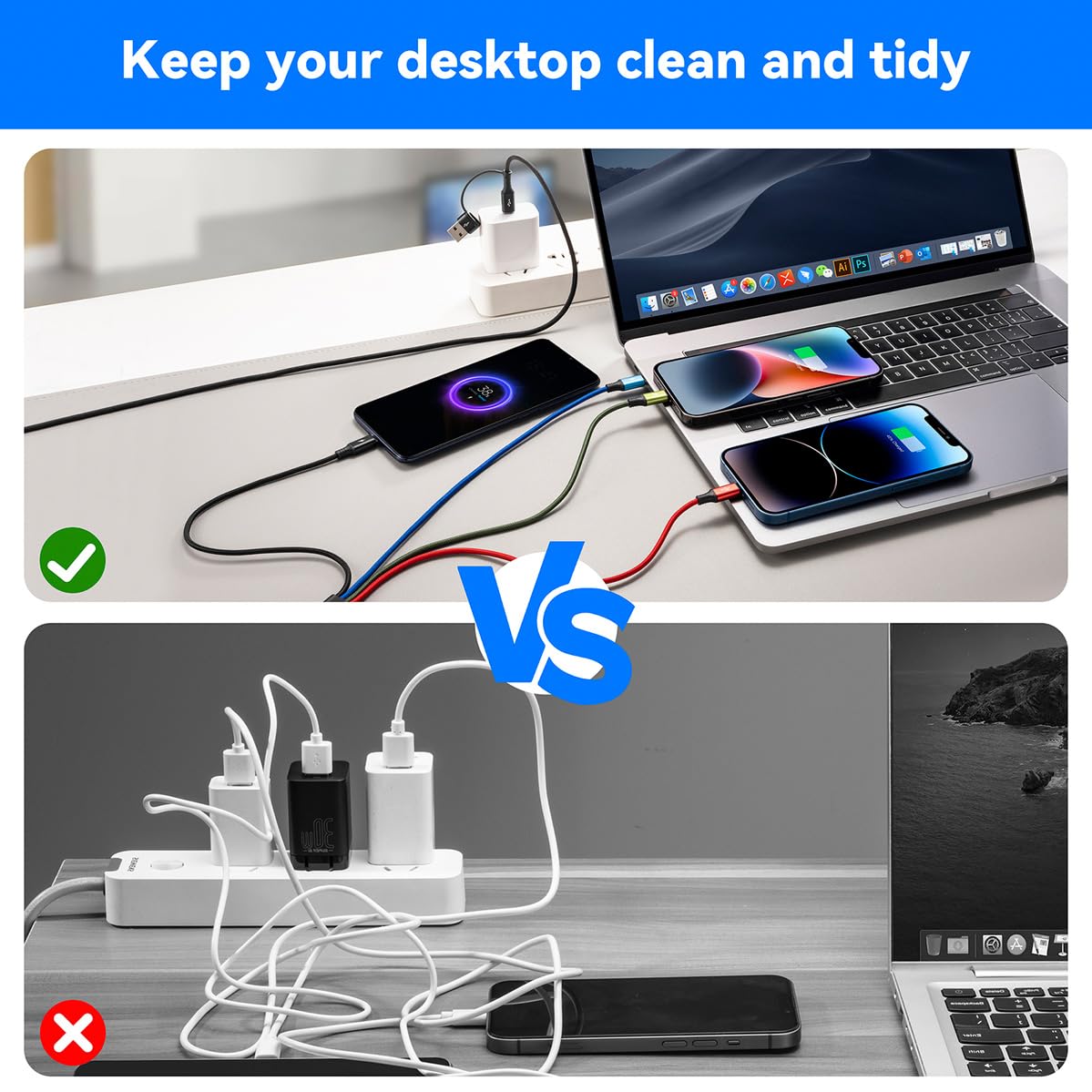 2-Pack 6-in-1 Multi Charging Cable (6ft), Braided USB A/C to Lightning/Type-C/Micro-USB Universal Cord