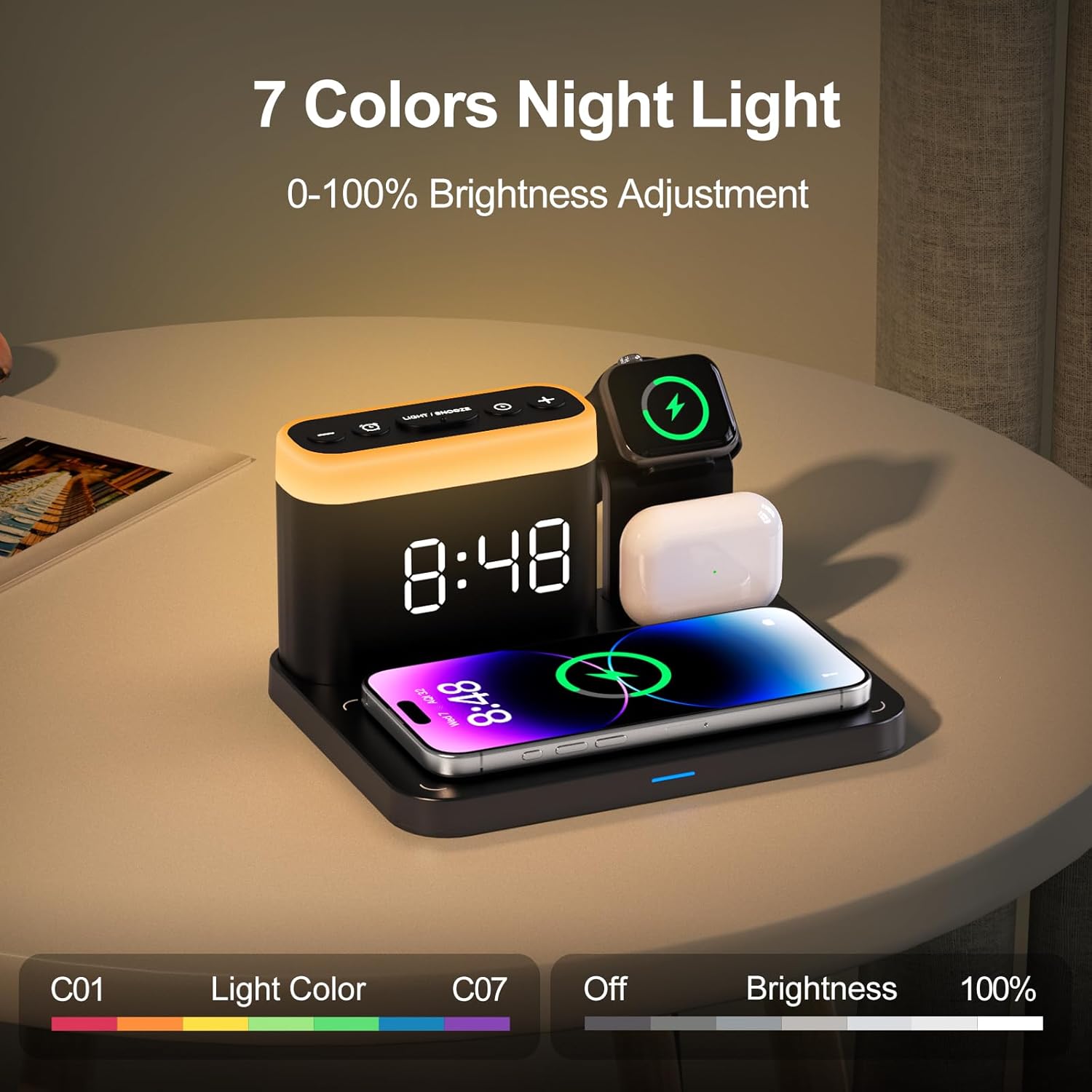 5-in-1 Wireless Charging Station with Alarm Clock & 7-Color Night Light, MagSafe Charger for iPhone, Apple Watch & AirPods
