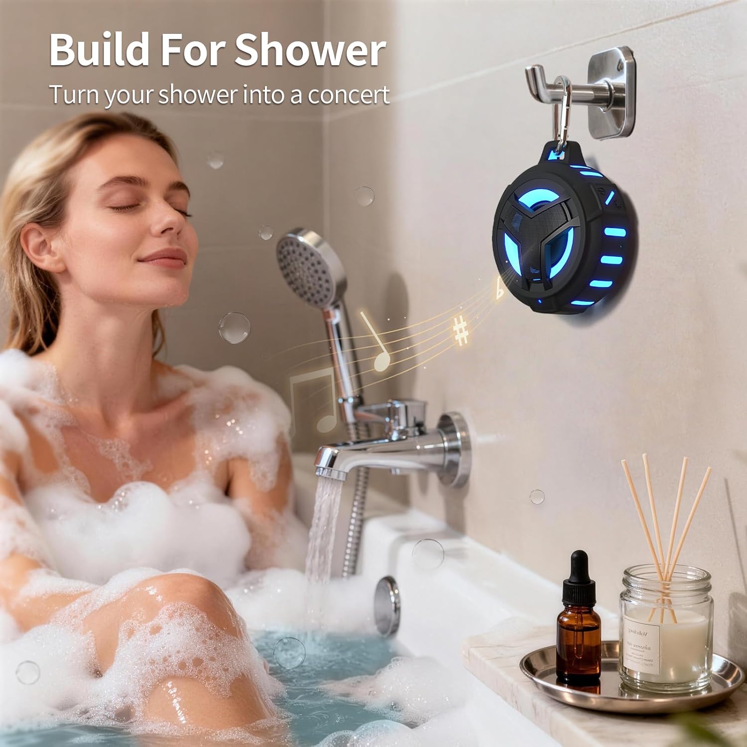 Waterproof Floating Bluetooth Shower Speaker with LED Light & TWS Pairing
