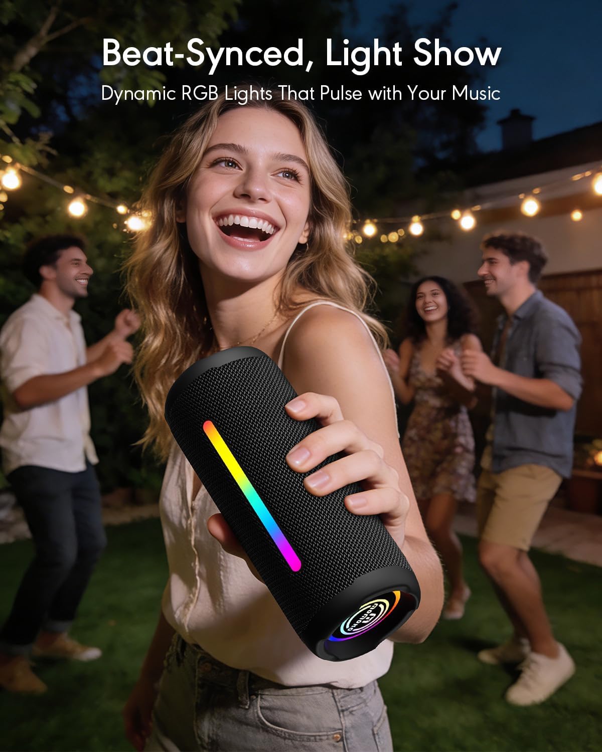 IPX7 Waterproof Bluetooth Speaker with RGB Lights, 30W Deep Bass Stereo Sound
