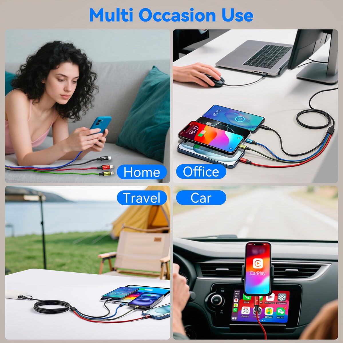 2-Pack 6-in-1 Multi Charging Cable (6ft), Braided USB A/C to Lightning/Type-C/Micro-USB Universal Cord