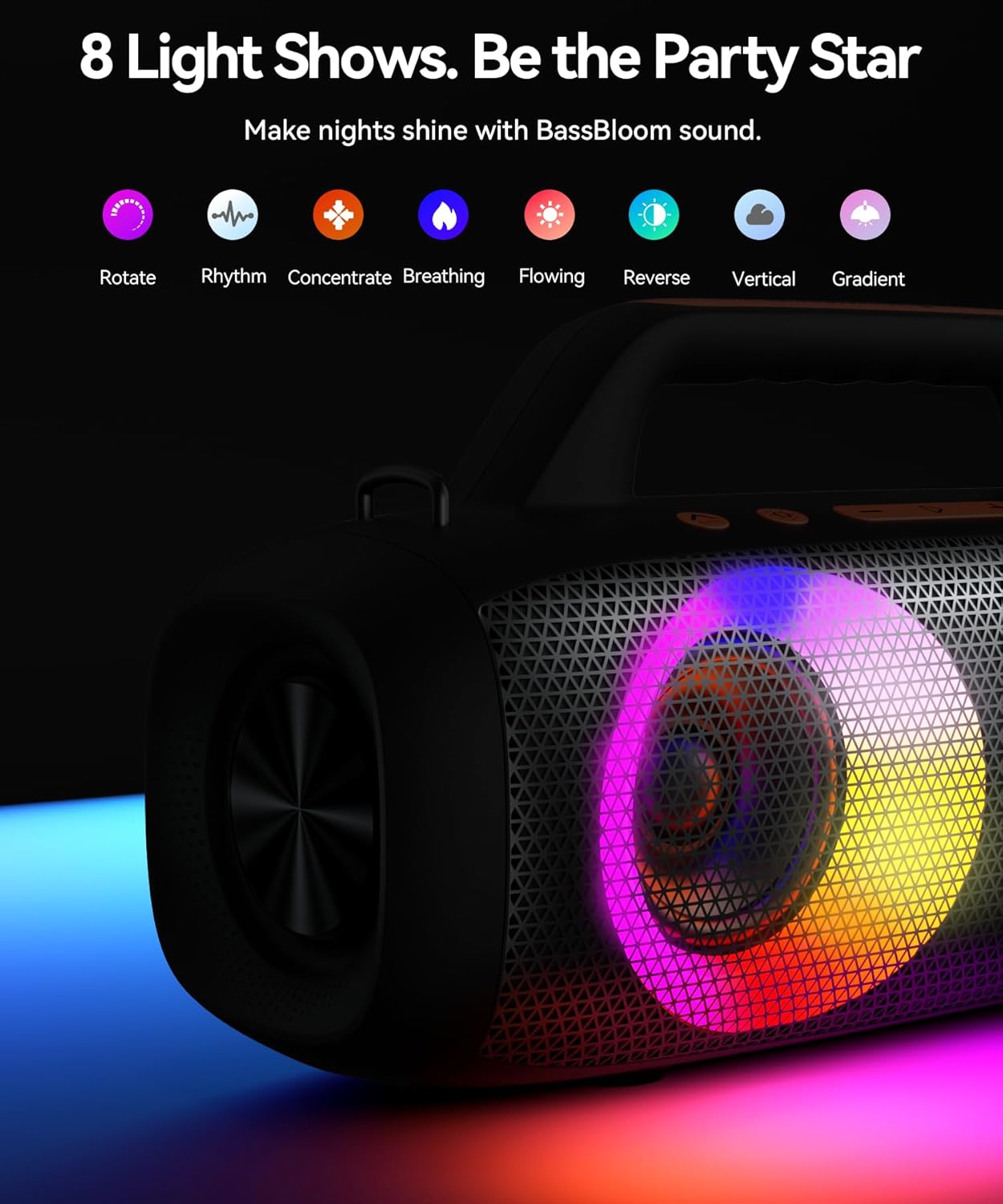 Portable Bluetooth Speaker, 60W Powerful Sound with Deep Bass, IPX6 Waterproof Wireless Speaker with RGB Party Lights for Camping & Beach