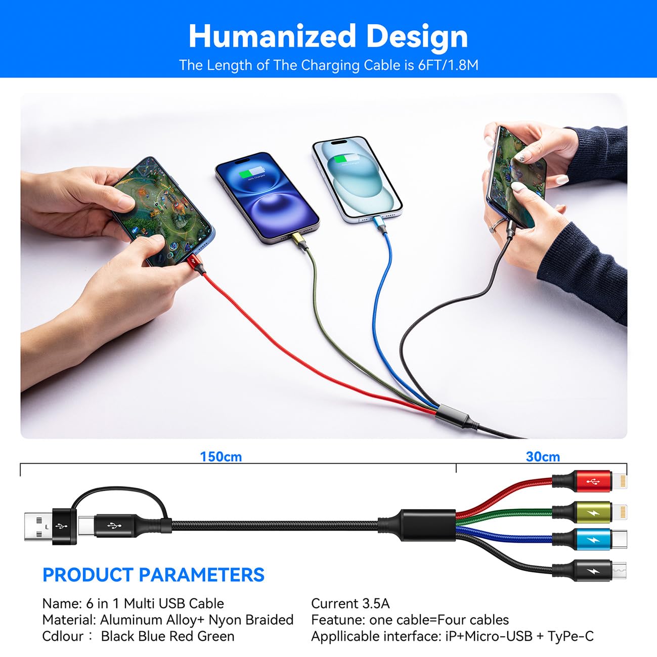 2-Pack 6-in-1 Multi Charging Cable (6ft), Braided USB A/C to Lightning/Type-C/Micro-USB Universal Cord