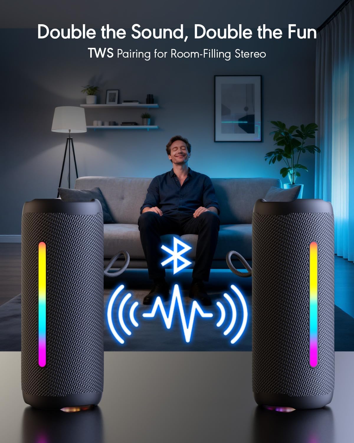 IPX7 Waterproof Bluetooth Speaker with RGB Lights, 30W Deep Bass Stereo Sound