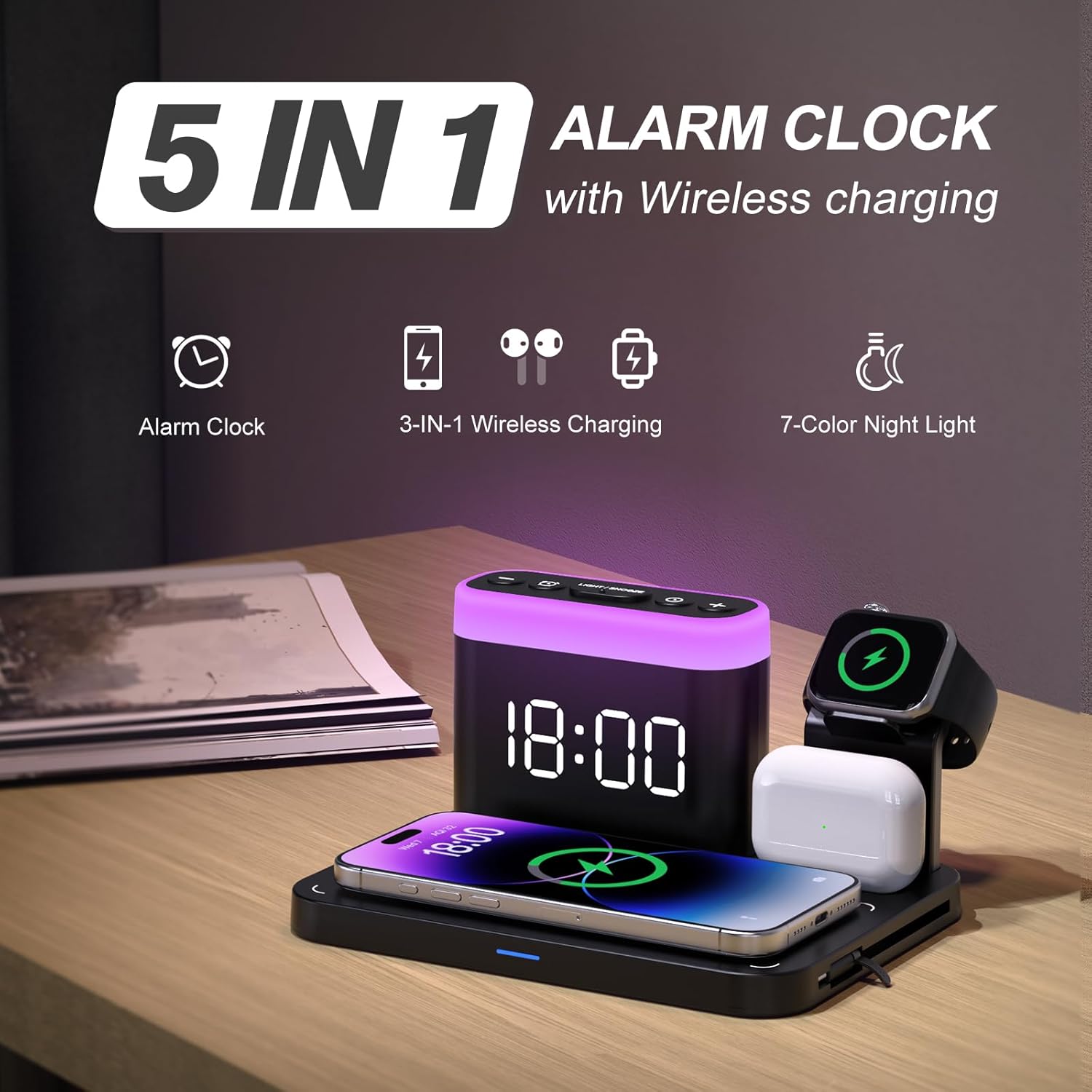 5-in-1 Wireless Charging Station with Alarm Clock & 7-Color Night Light, MagSafe Charger for iPhone, Apple Watch & AirPods