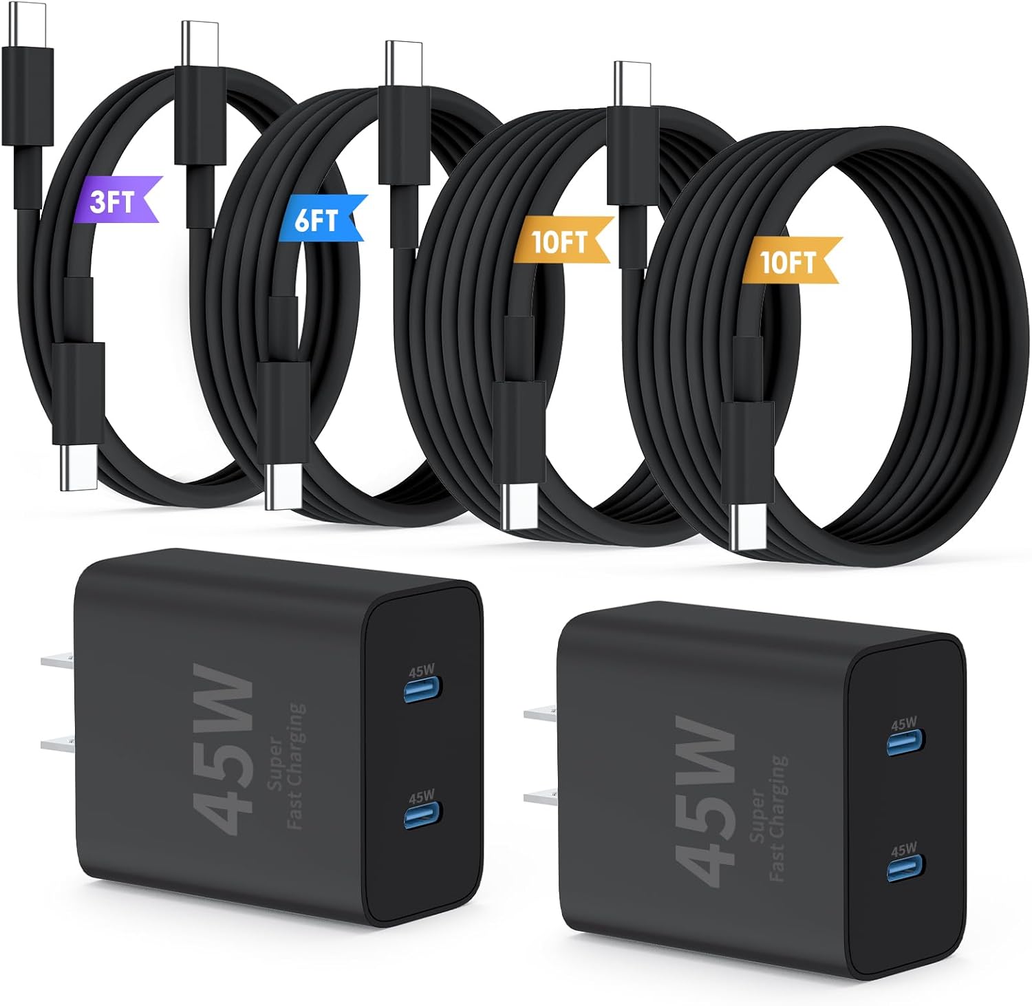 45W Dual Port Type C Charger Block with Long USB C Cable, PD Fast Charger for Samsung iPhone
