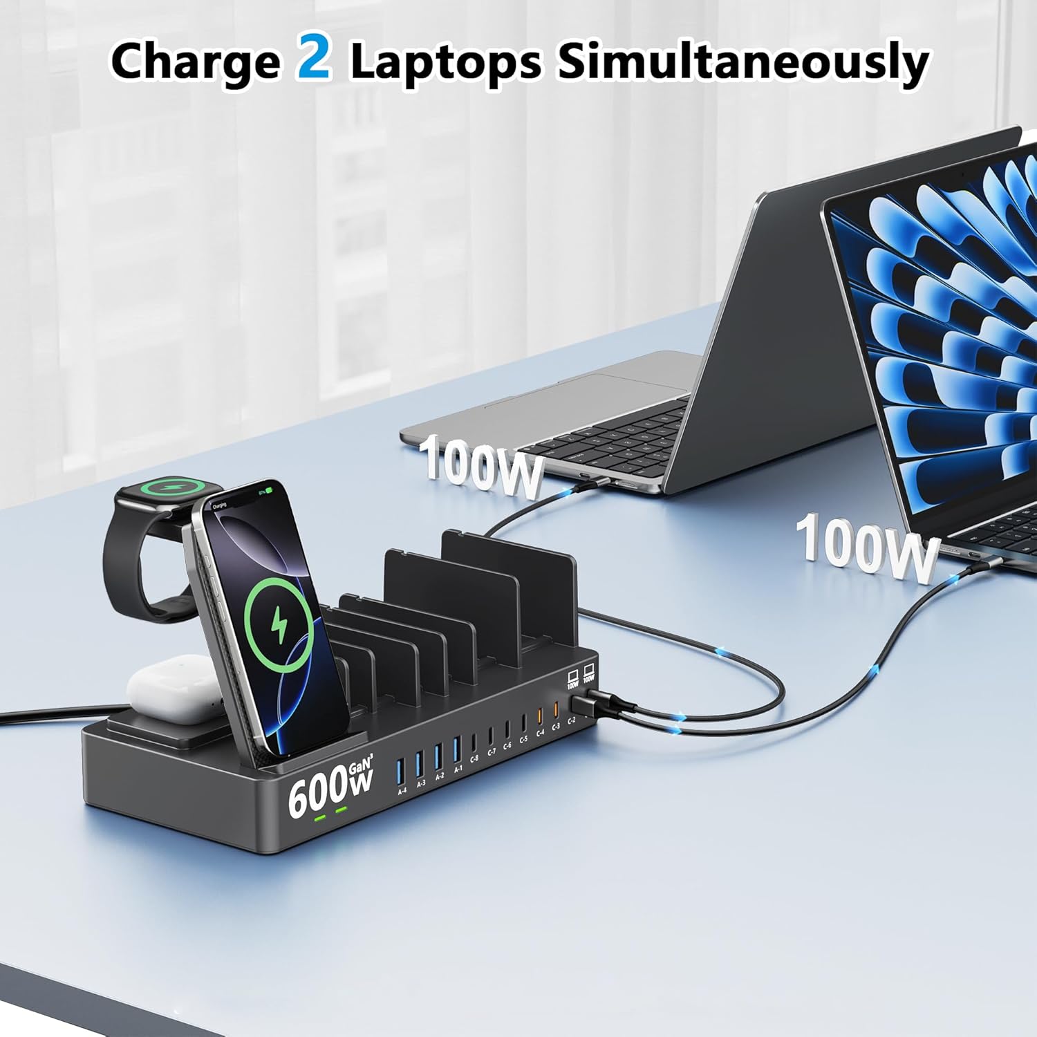 600W GaN 15-in-1 Charging Station with Dual 100W USB-C, Wireless Charger for Multiple Devices