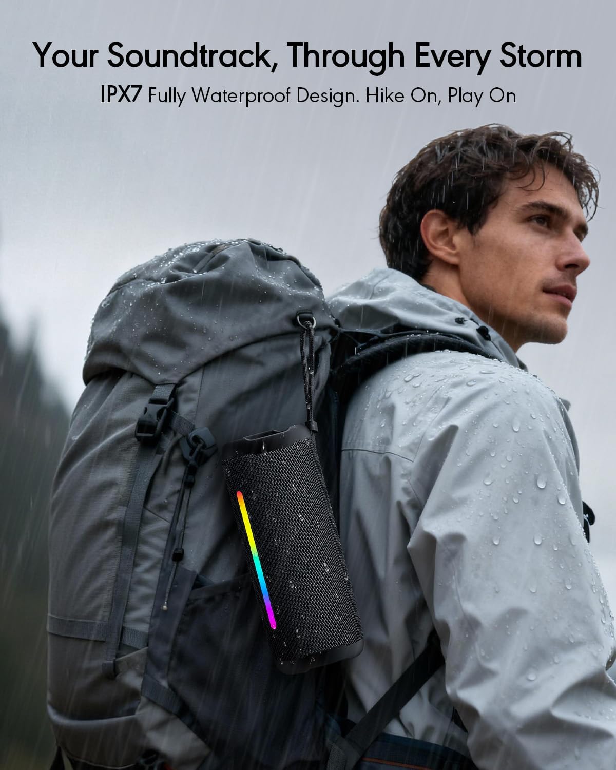 IPX7 Waterproof Bluetooth Speaker with RGB Lights, 30W Deep Bass Stereo Sound