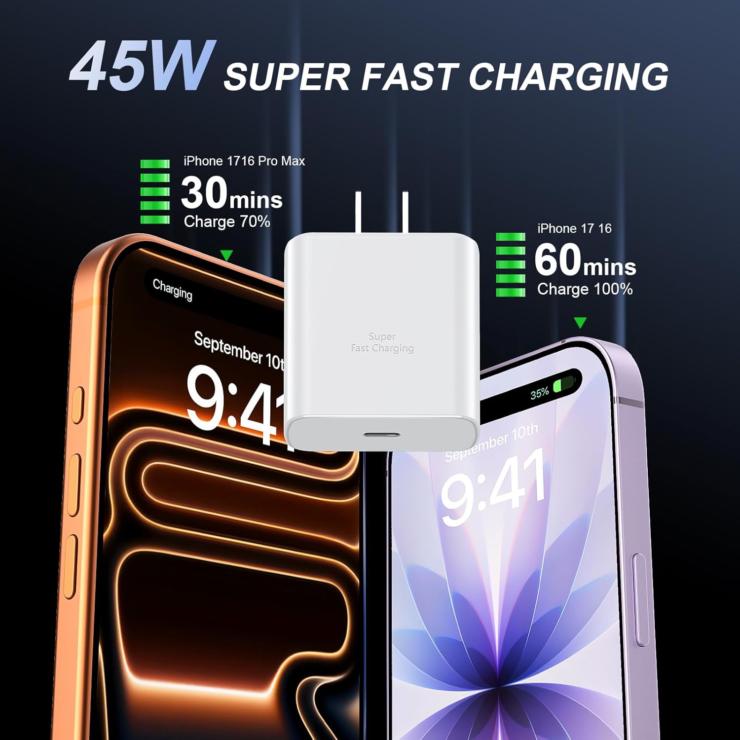 2-Pack 45W USB-C Super Fast Charger Block with 10FT USB-C Cable for iPhone 17/16/15 Series & Samsung Galaxy S25