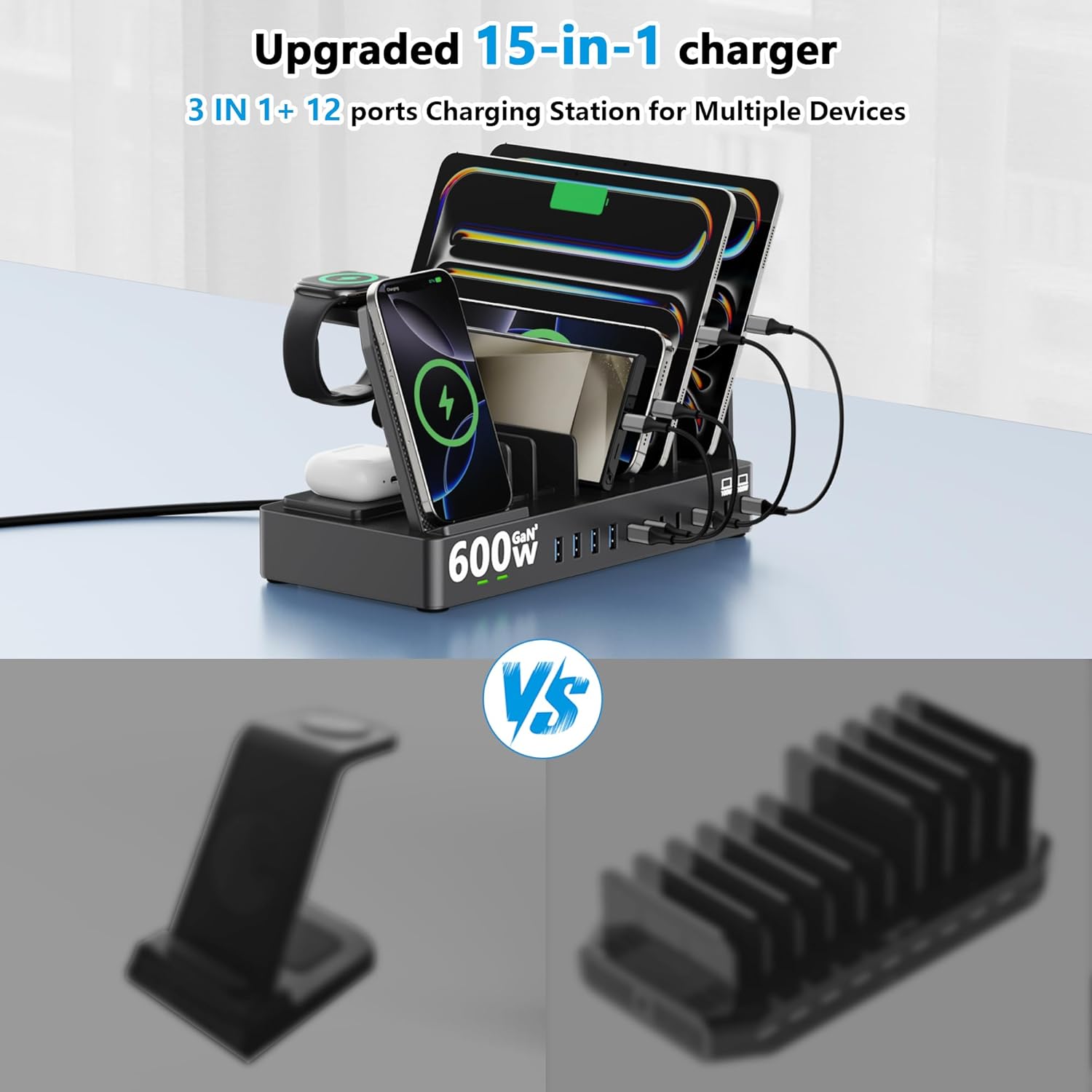 600W GaN 15-in-1 Charging Station with Dual 100W USB-C, Wireless Charger for Multiple Devices
