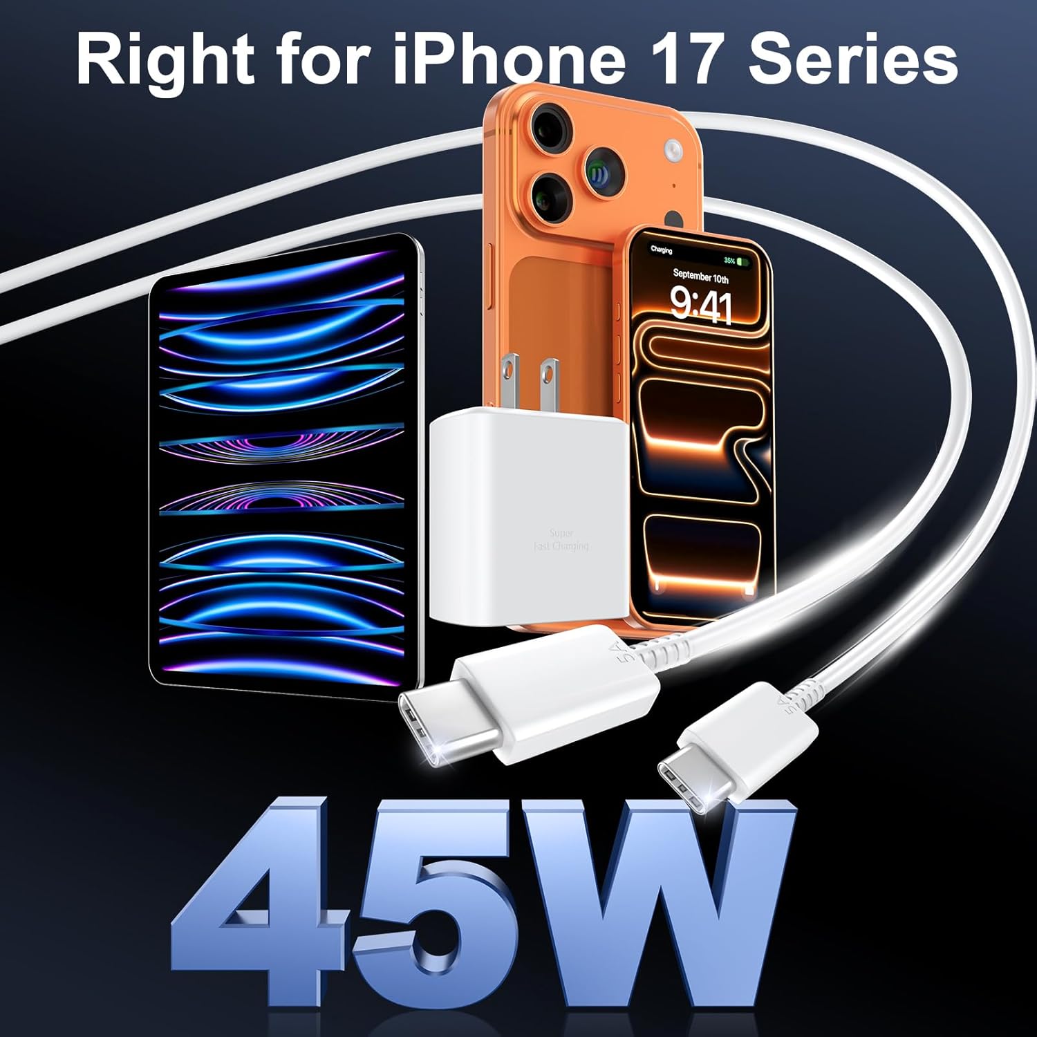 2-Pack 45W USB-C Super Fast Charger Block with 10FT USB-C Cable for iPhone 17/16/15 Series & Samsung Galaxy S25
