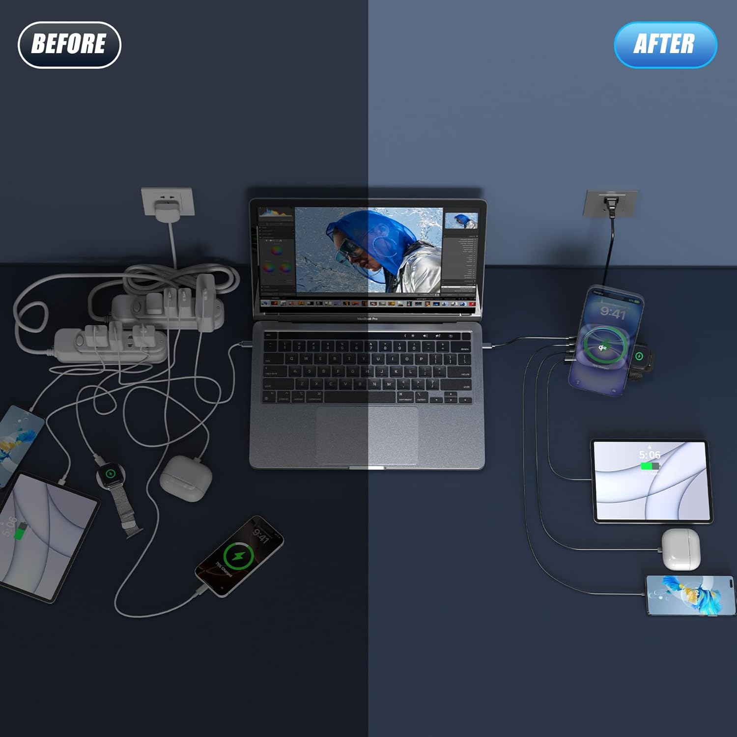 6-in-1 Charging Station with Qi2 15W Wireless & 65W USB-C, Multi-Port Desktop Charger Hub