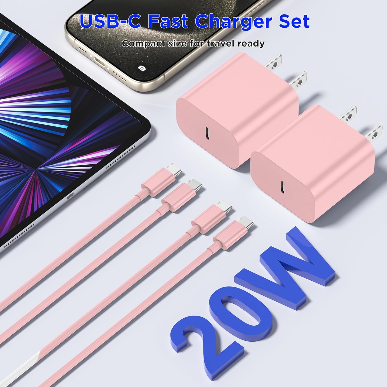 2-Pack 20W USB-C Fast Charger Block with 6FT USB-C to C Cable for iPhone 17/16/15 Series