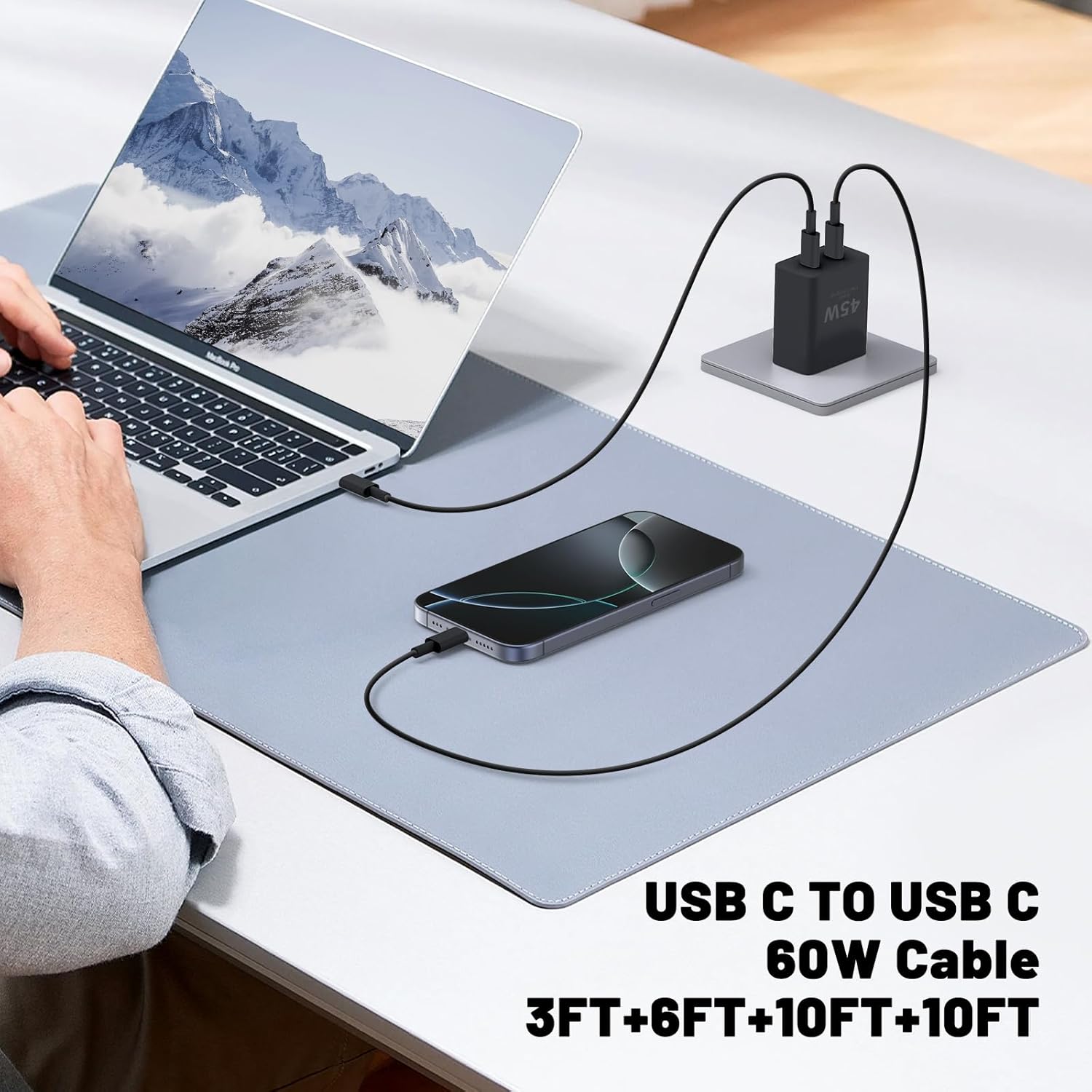 45W Dual Port Type C Charger Block with Long USB C Cable, PD Fast Charger for Samsung iPhone