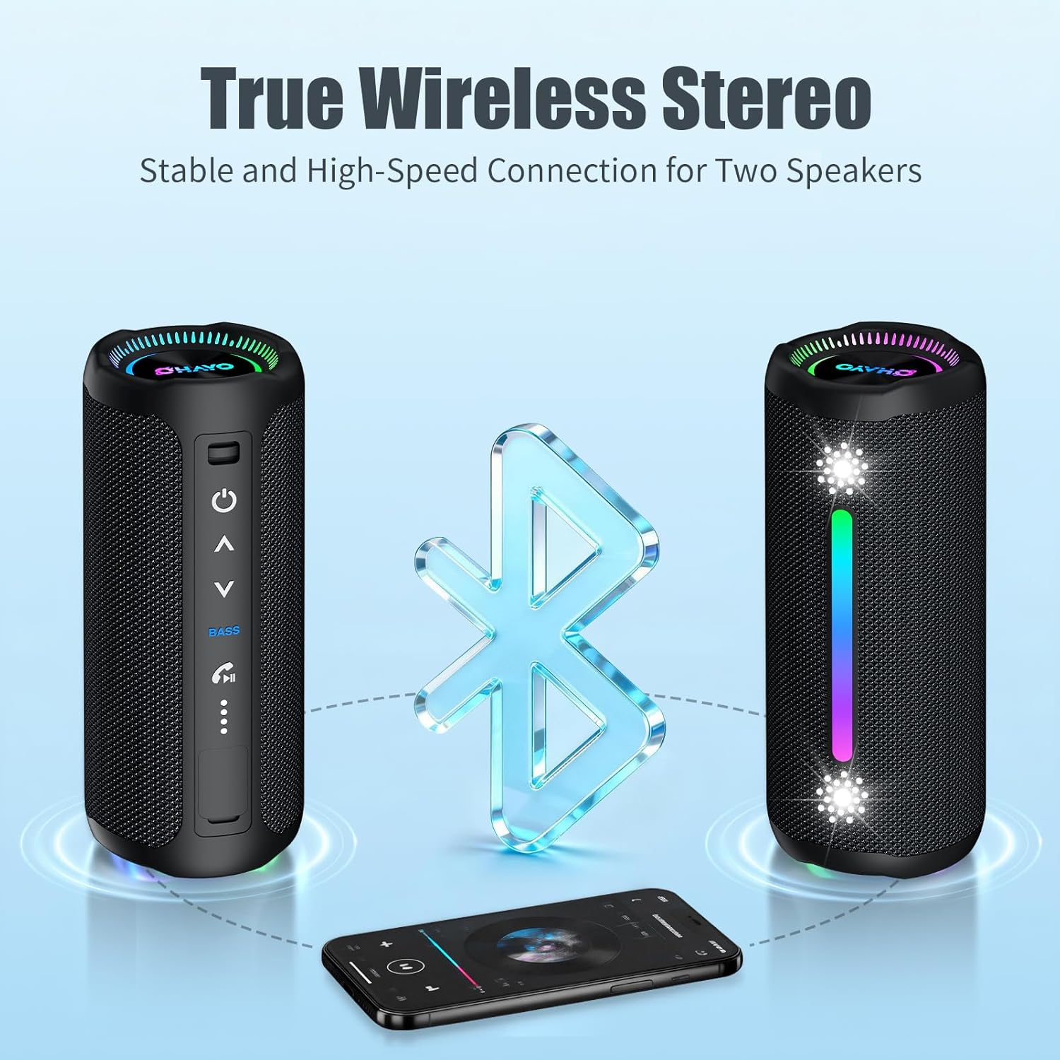 PX7 Waterproof Bluetooth Speaker with Colorful Lights, 25W Super Bass Stereo