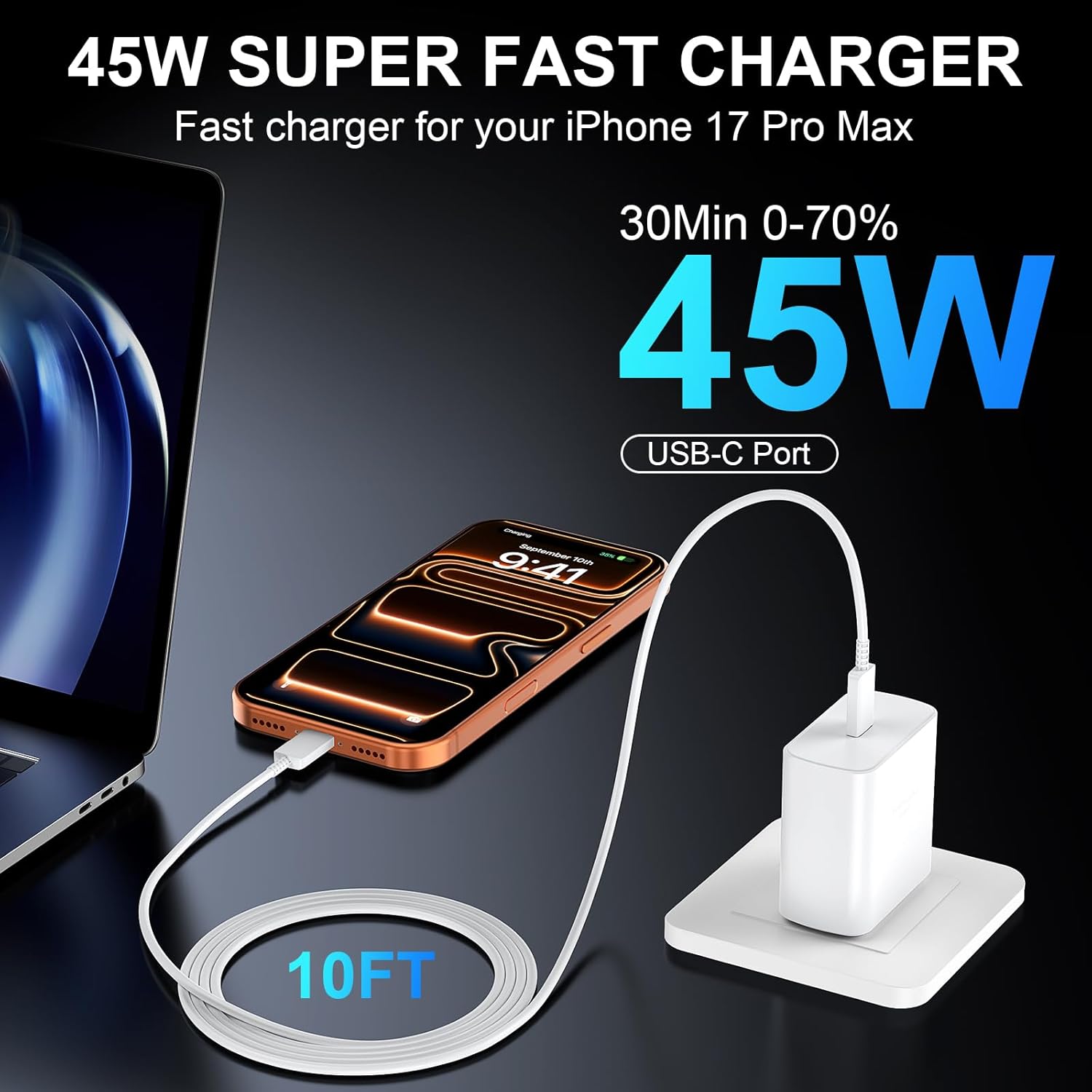 2-Pack 45W USB-C Super Fast Charger Block with 10FT USB-C Cable for iPhone 17/16/15 Series & Samsung Galaxy S25