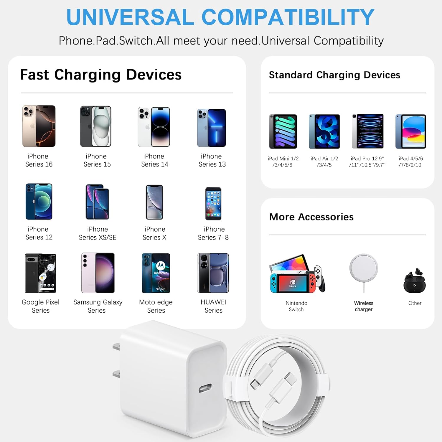 20W USB-C Fast Charger Block with 6FT Cable for iPhone 17/16/15 Series & iPad Pro