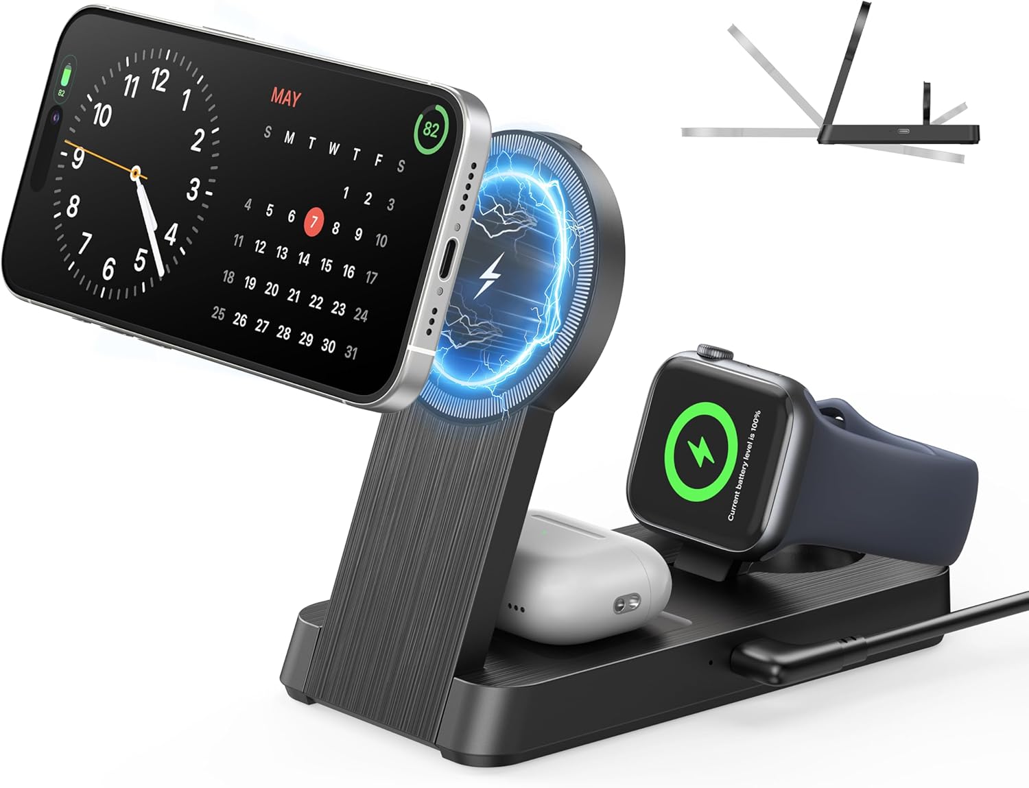 Foldable 3-in-1 Magnetic Wireless Charging Station for iPhone, Apple Watch & AirPods