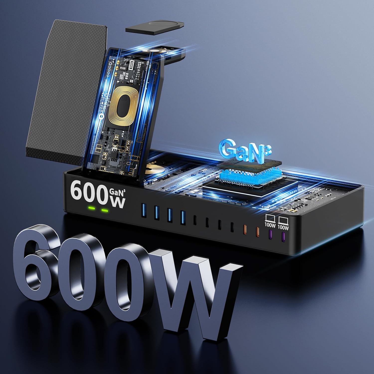 600W GaN 15-in-1 Charging Station with Dual 100W USB-C, Wireless Charger for Multiple Devices
