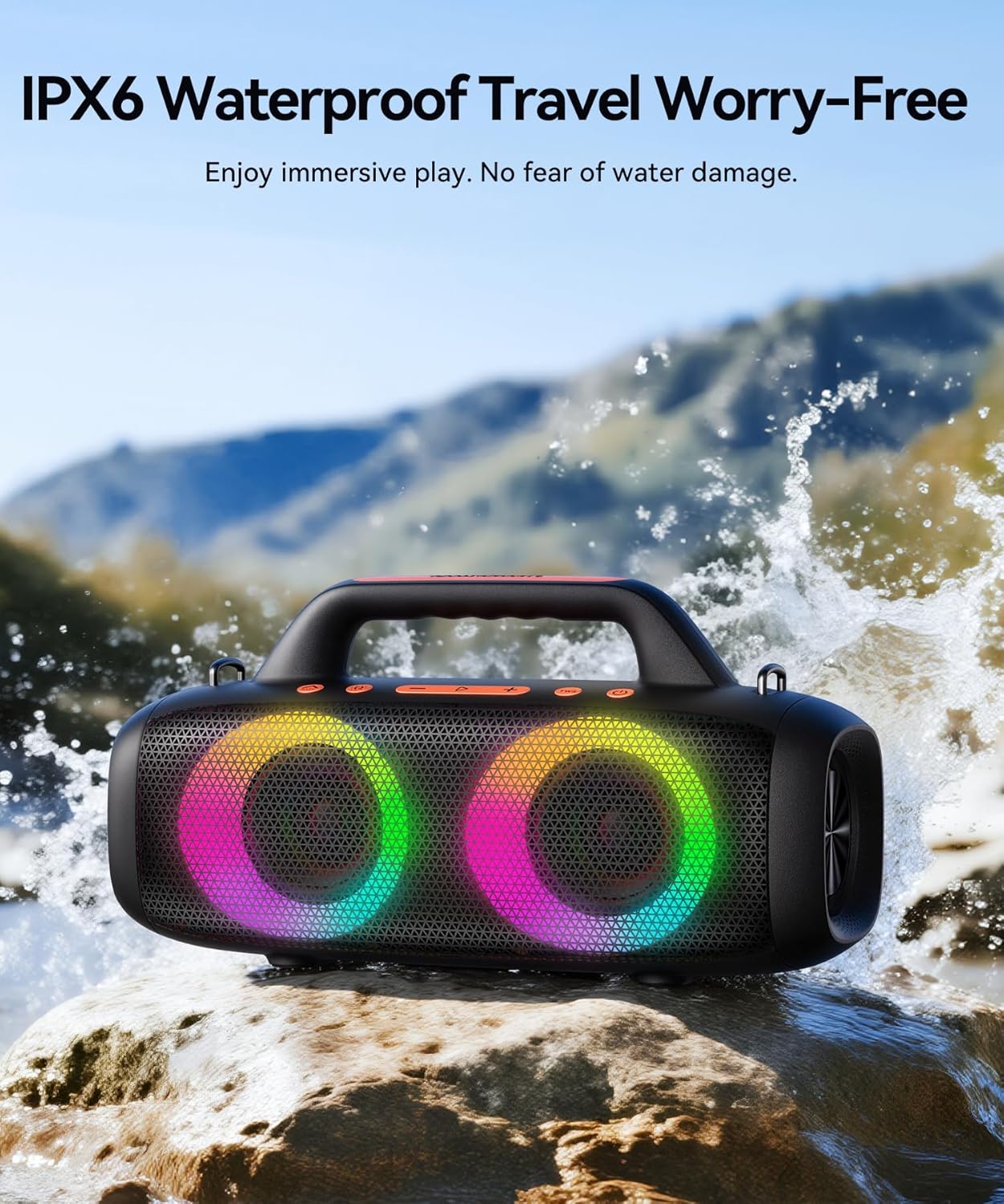 Portable Bluetooth Speaker, 60W Powerful Sound with Deep Bass, IPX6 Waterproof Wireless Speaker with RGB Party Lights for Camping & Beach