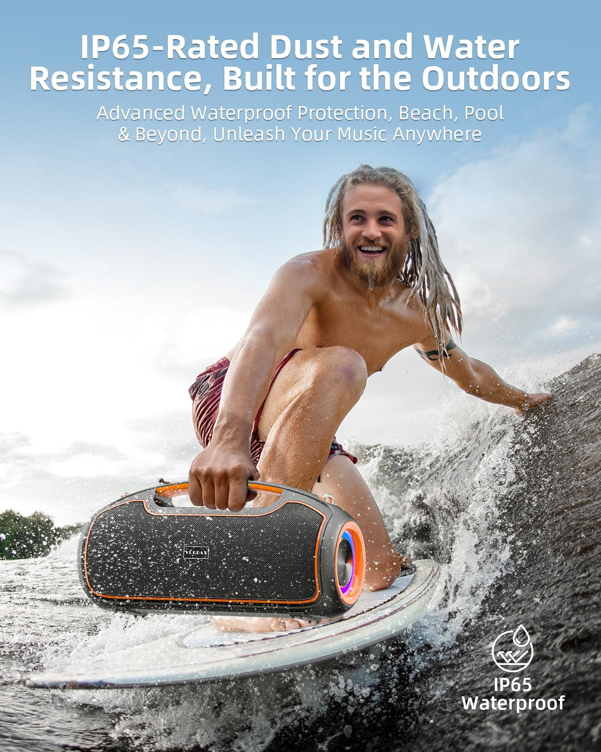200W MAX Outdoor Bluetooth Speaker with Deep Bass, RGB Lights & IP65 Waterproof