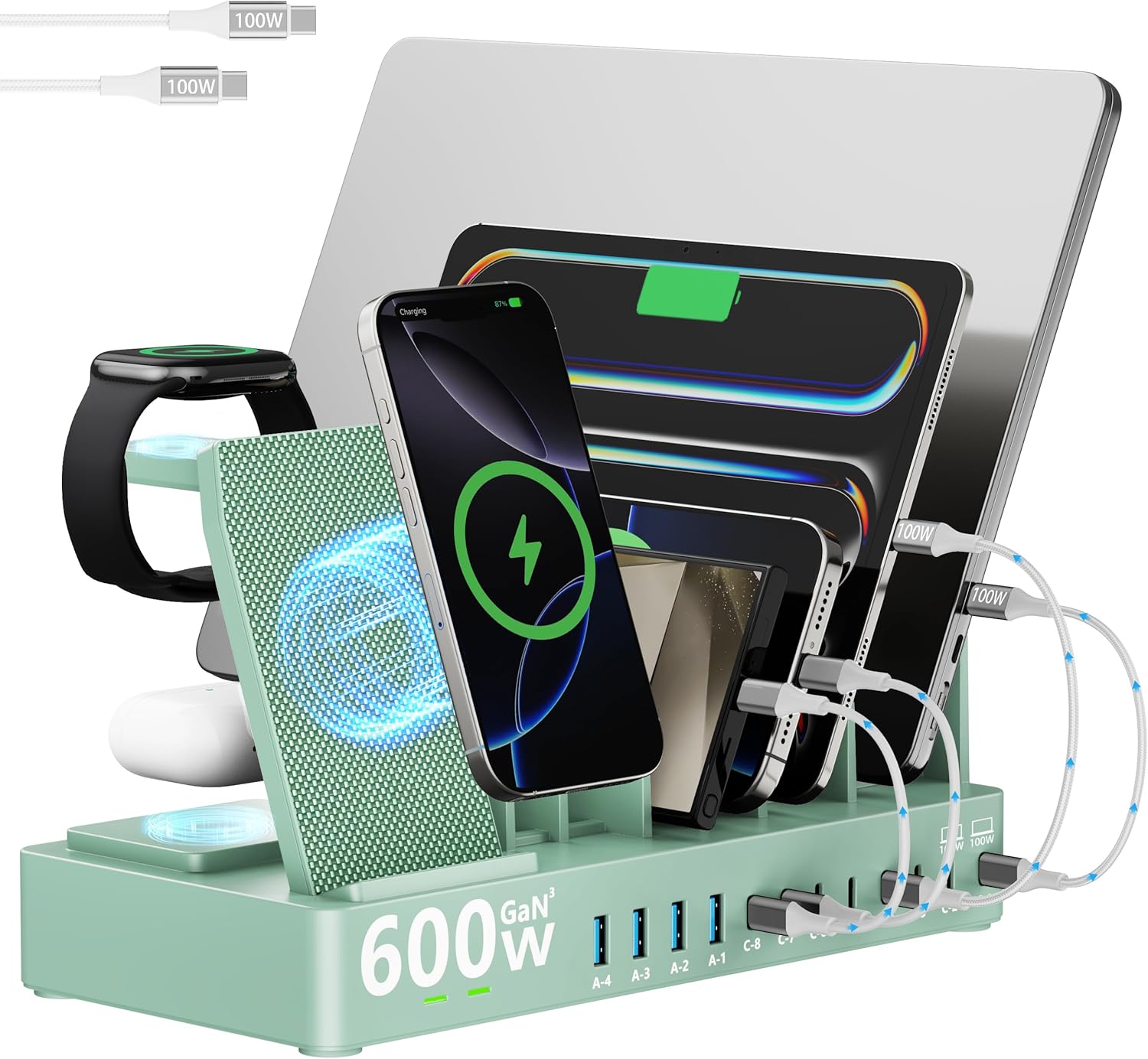 600W GaN 15-in-1 Charging Station with Dual 100W USB-C, Wireless Charger for Multiple Devices