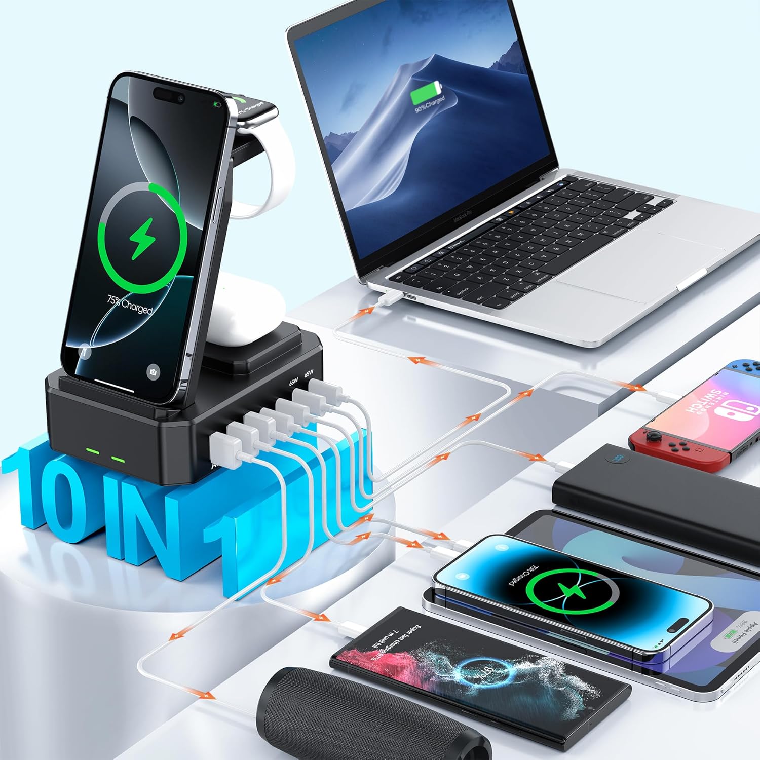 300W GaN 10-in-1 Charging Station, Wireless & 65W USB-C PD Fast Charger for Apple Devices