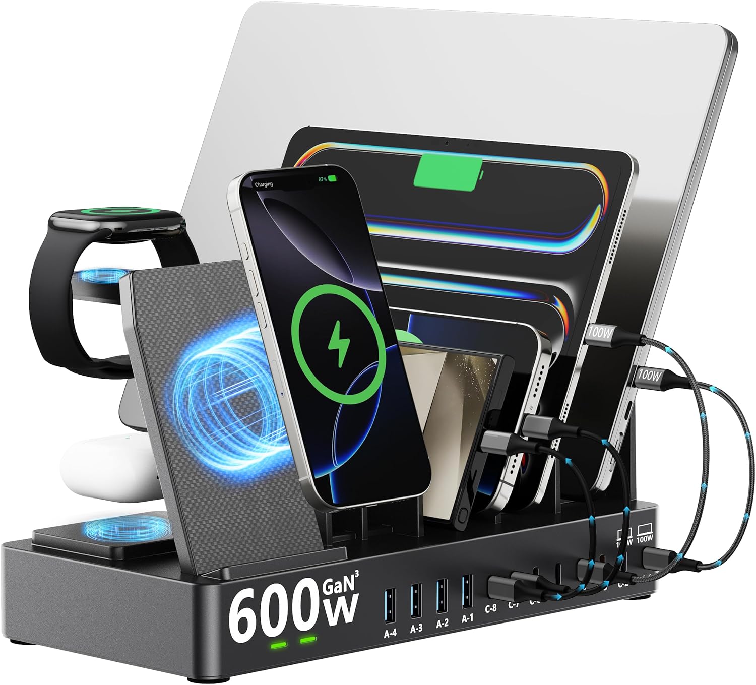 600W GaN 15-in-1 Charging Station with Dual 100W USB-C, Wireless Charger for Multiple Devices
