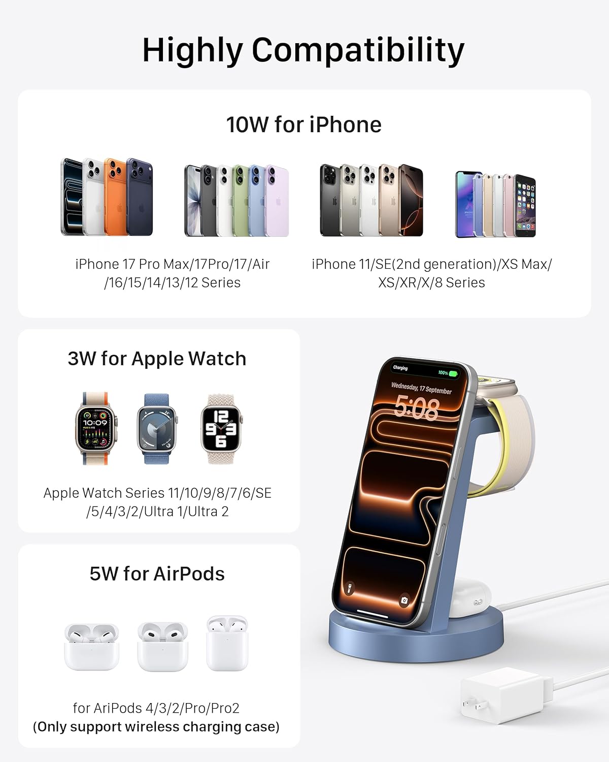 3-in-1 Wireless Charging Station for iPhone, Apple Watch & AirPods